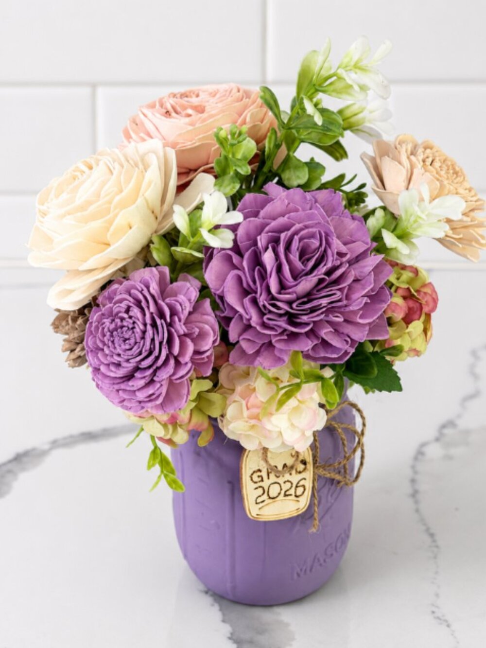 Purple Sola Wood Floral Arrangement in Mason Jar Home Decor Graduation Gift